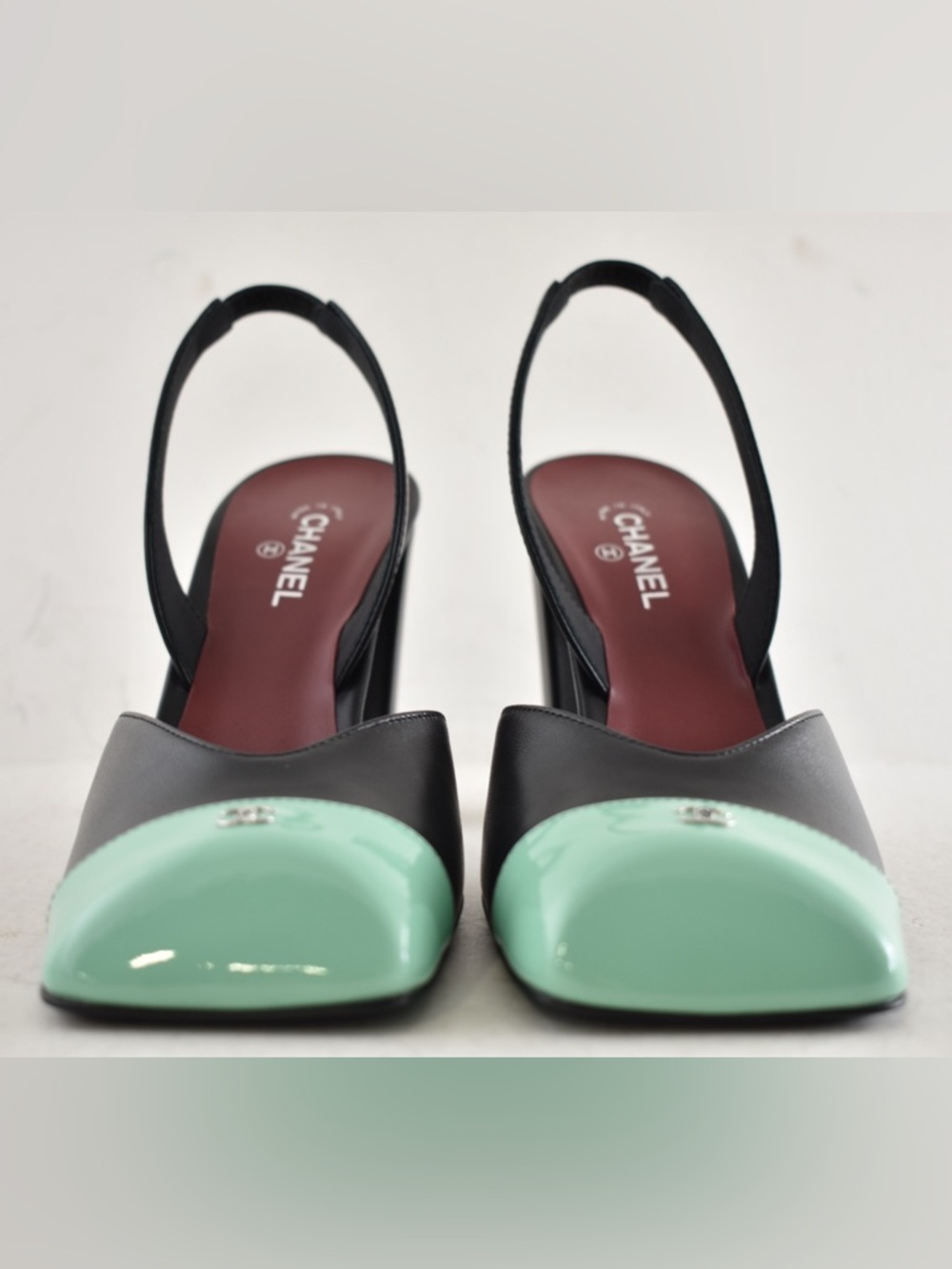 Chanel 26S Blazy Black Mint Green Square CC Sling Slingback Block Heel Pump 37.5 - Picture 10 of 16